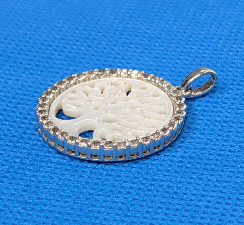 Tree of Life Pendant - Carved Mother of Pearl tree with Zircon Stones